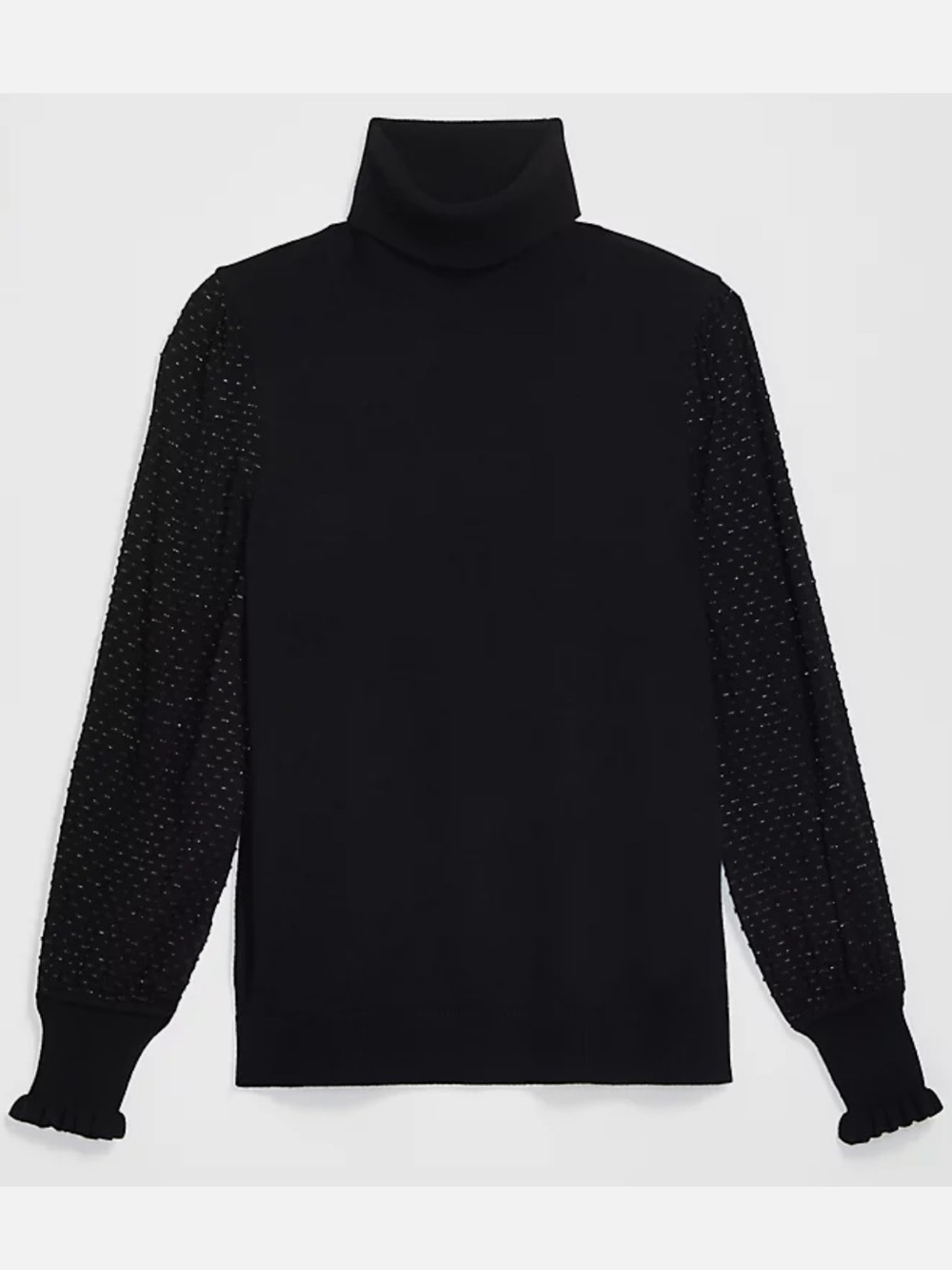 LOFT Black Turtleneck Mixed Media Sweater with Sheer Dotted Puff Sleeves XS